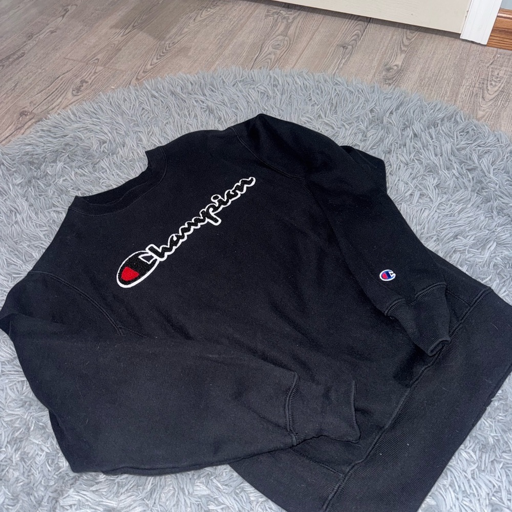 Champion Reverse Weave Sweatshirt Men Small Black Spell Out Logo Crewneck